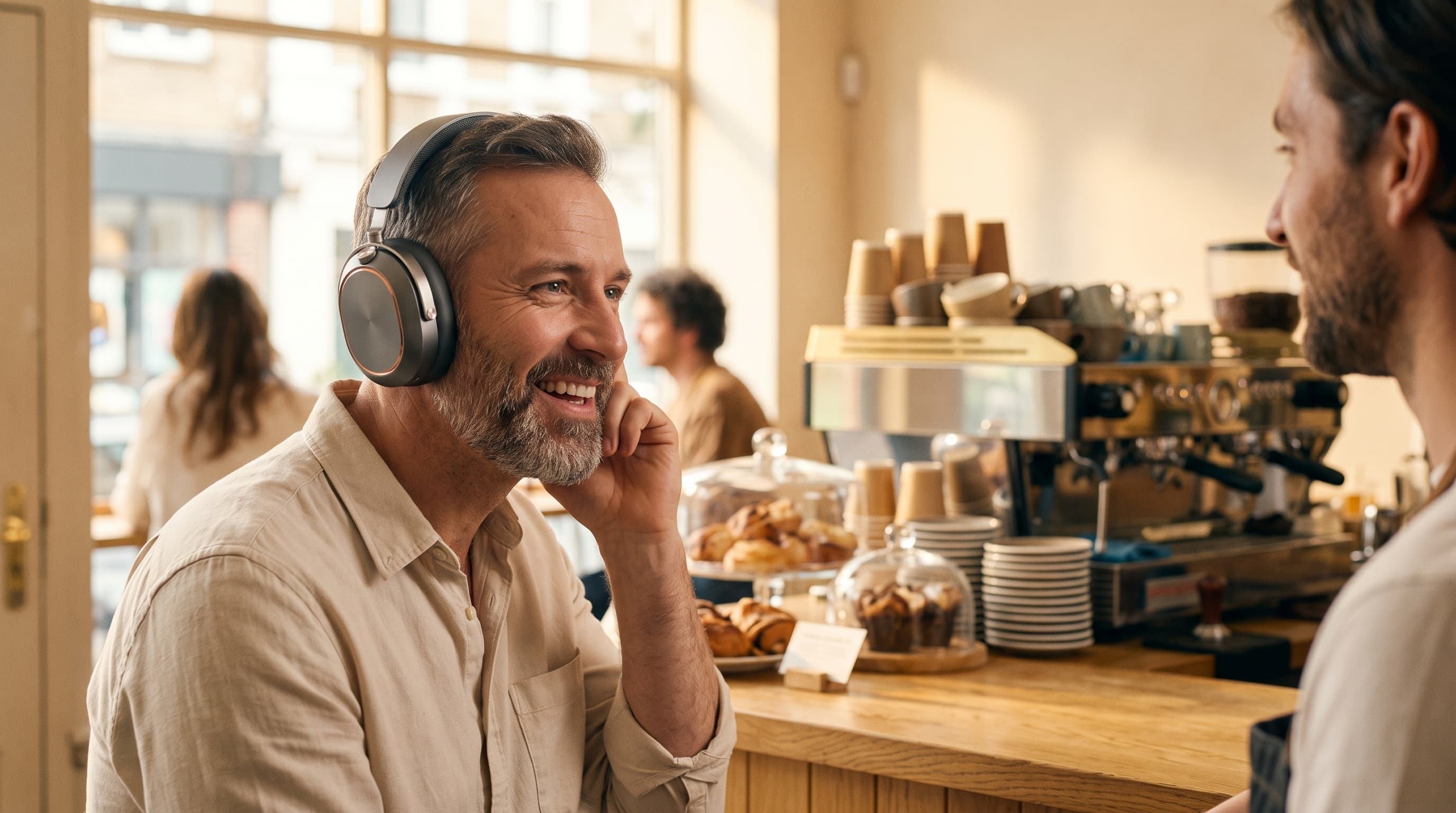 A man laughing with a barista in a busy cafe while wearing Onde One