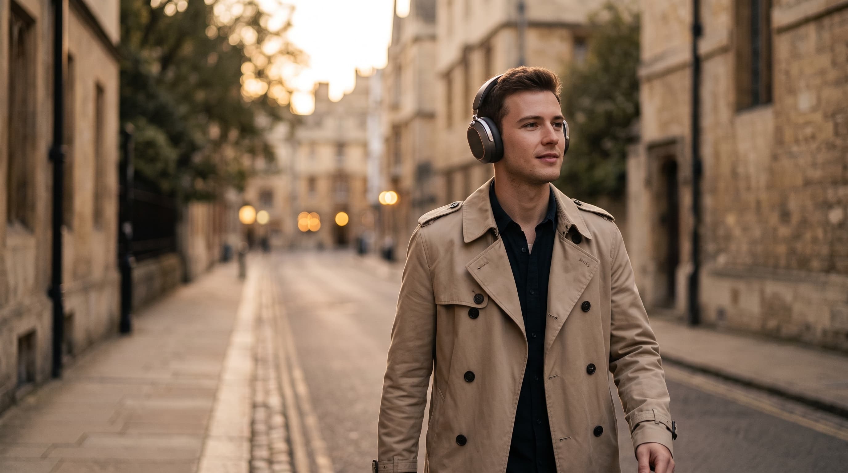 A man in a trench coat walking down a stone street at dusk, wearing Onde One