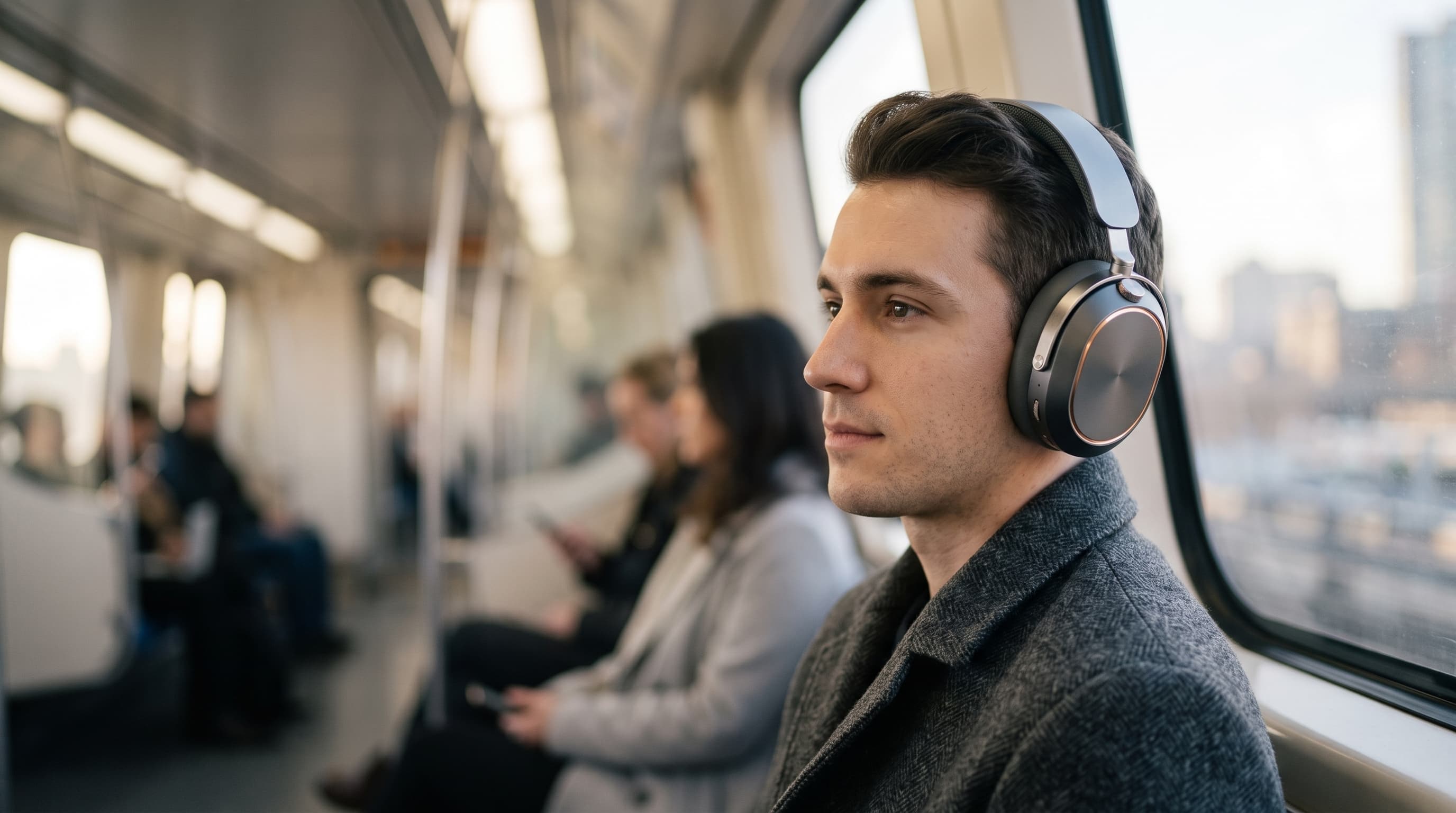 A man on a morning train looking out of the window, wearing Onde One
