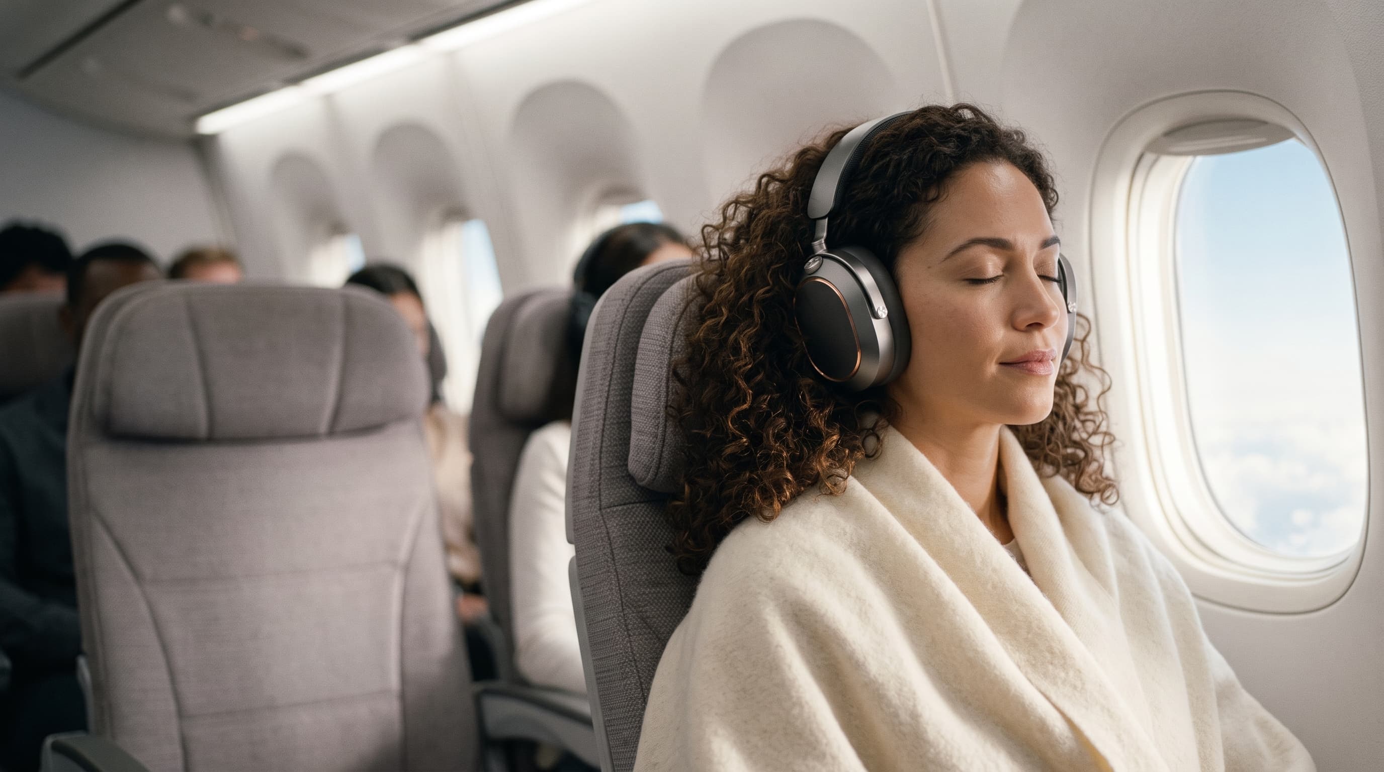 A woman resting by the window of a plane, wearing Onde One with noise cancelling on