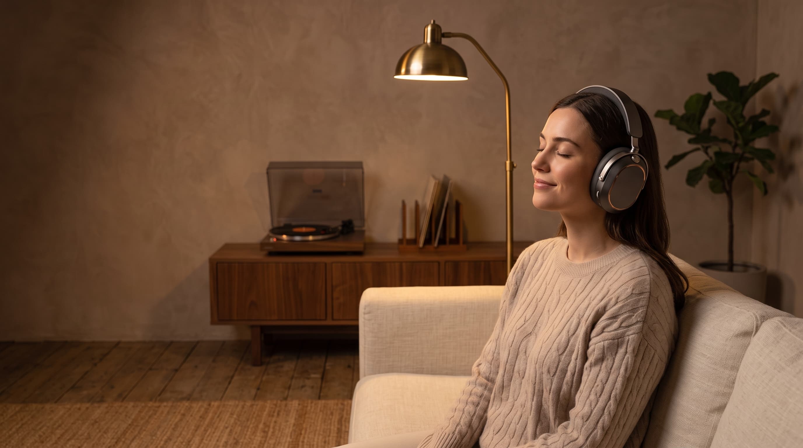 A woman relaxing on a linen sofa in lamplight, eyes closed, wearing Onde One