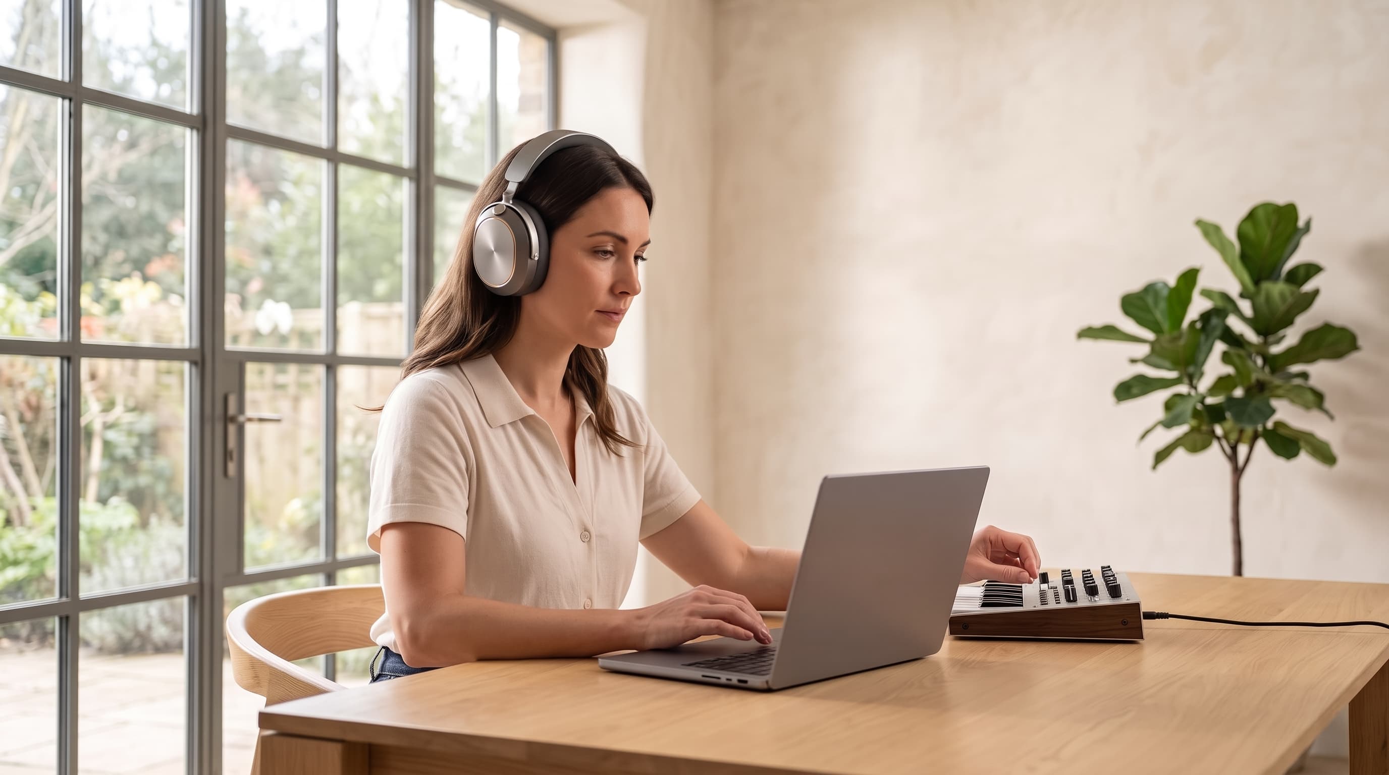A woman working at an oak desk in a bright home studio, wearing Onde One