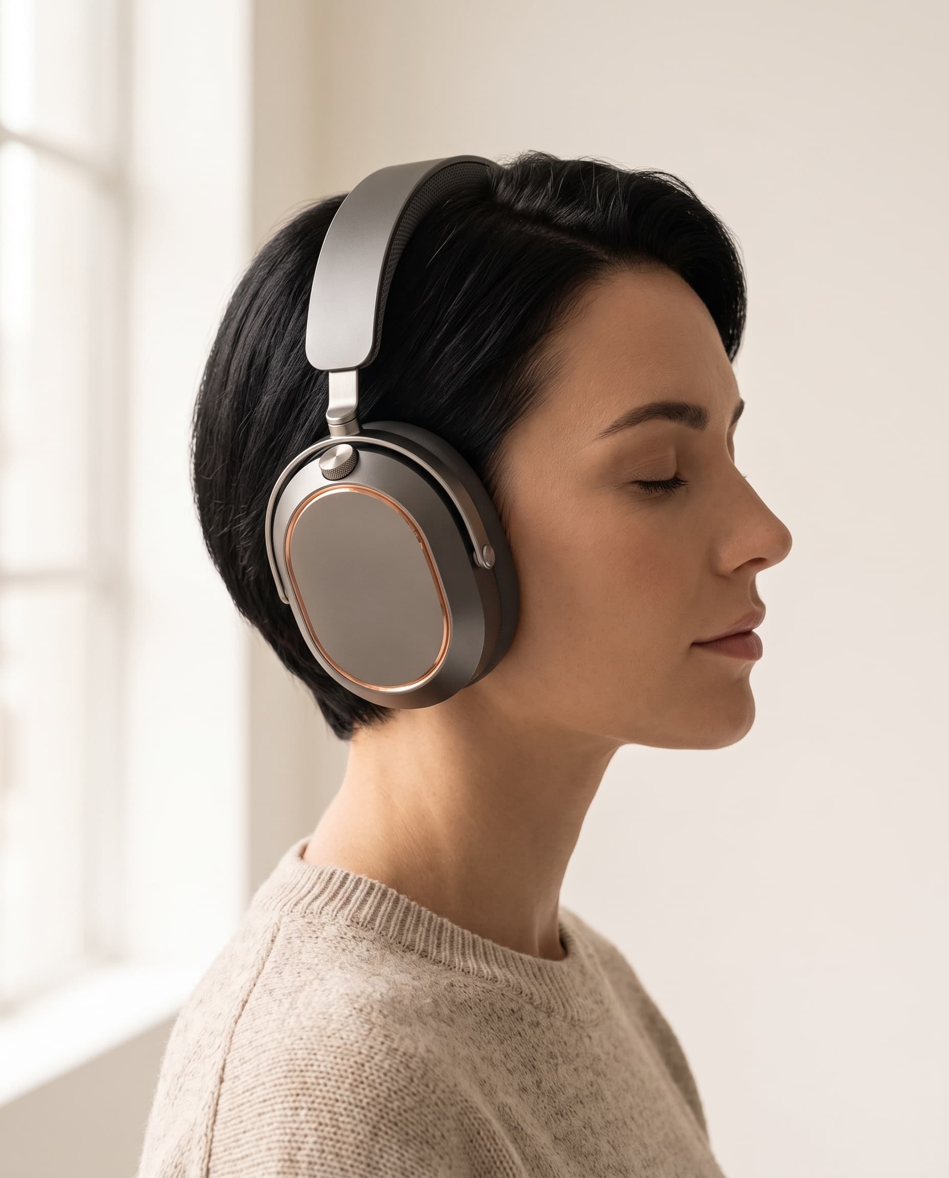 A woman with short dark hair wearing Onde One headphones, eyes closed, in soft window light